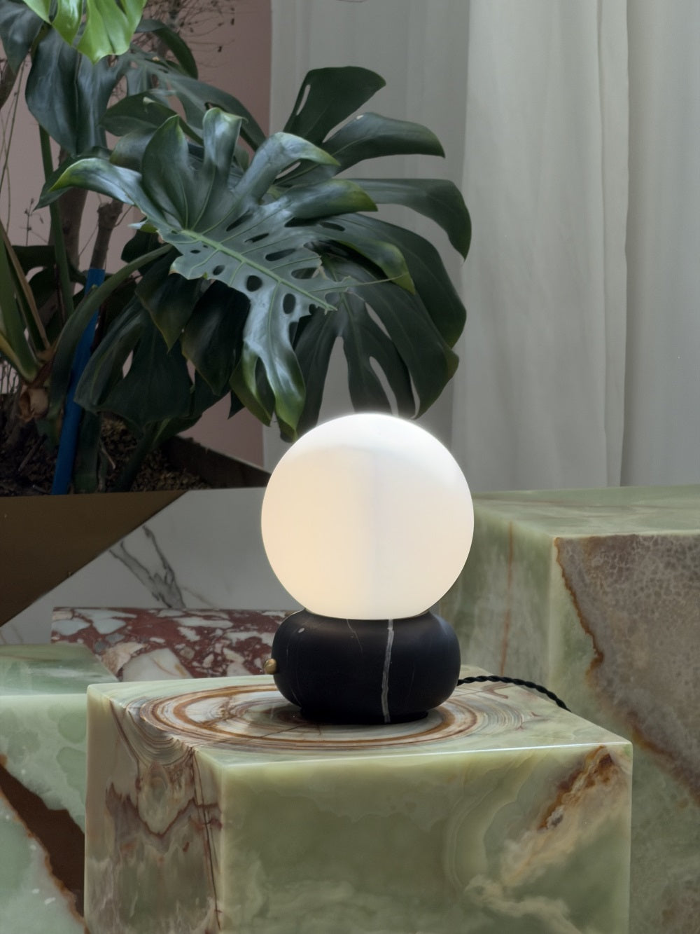 Naga Table Lamp - Hand-Sculpted Natural Marble & Opal Glass Light