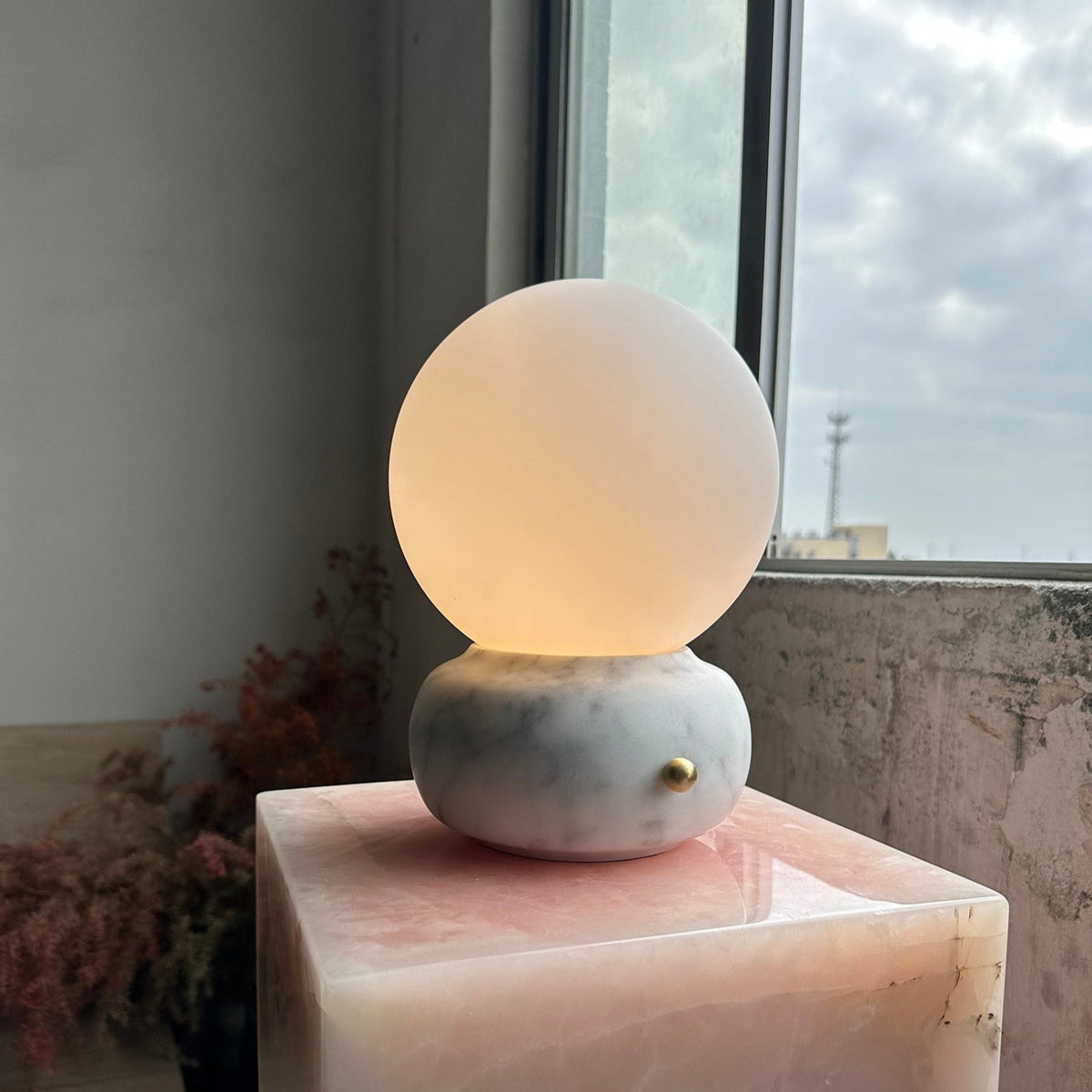 Naga Table Lamp - Hand-Sculpted Natural Marble & Opal Glass Light