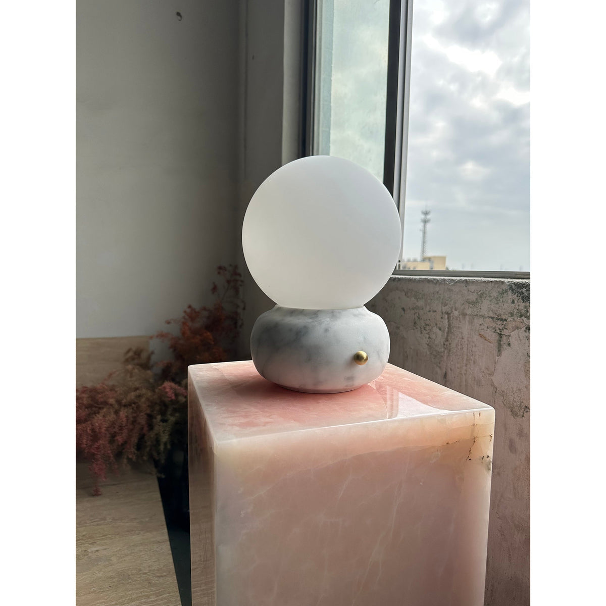 Naga Table Lamp - Hand-Sculpted Natural Marble & Opal Glass Light