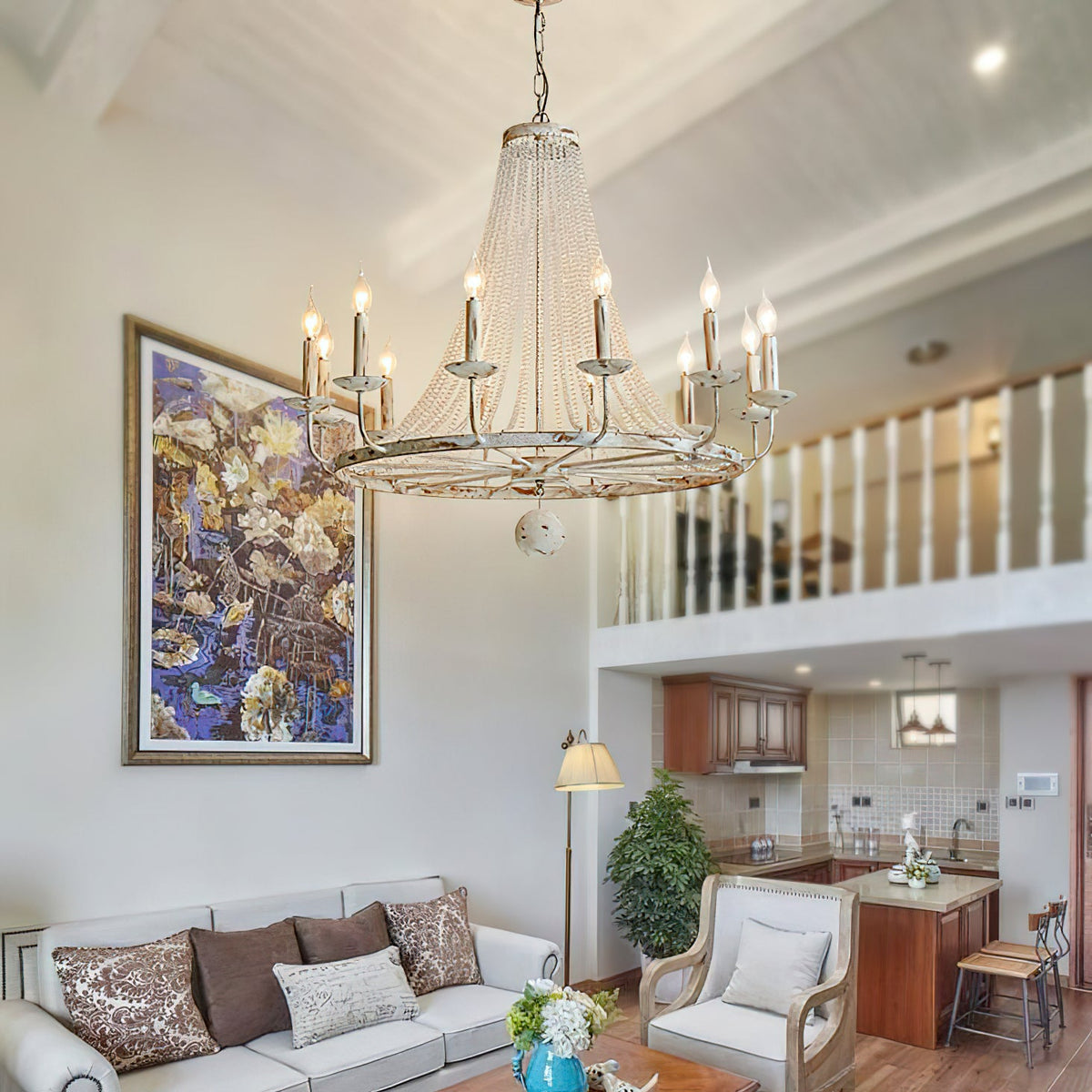 Naples Chandelier - Distressed Candelabra & Crystal Bead Light