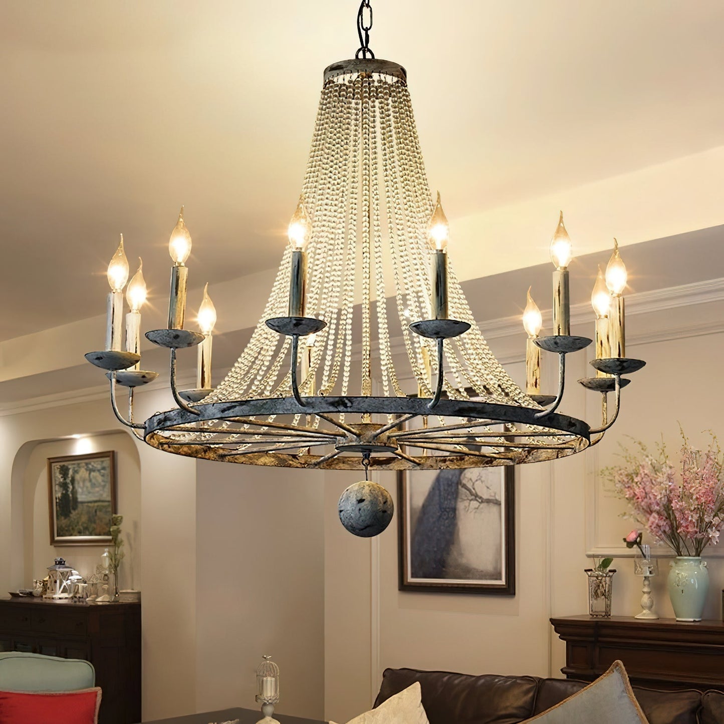 Naples Chandelier - Distressed Candelabra & Crystal Bead Light