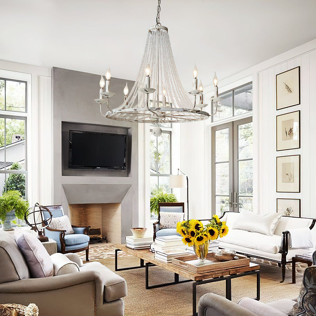 Naples Chandelier - Distressed Candelabra & Crystal Bead Light