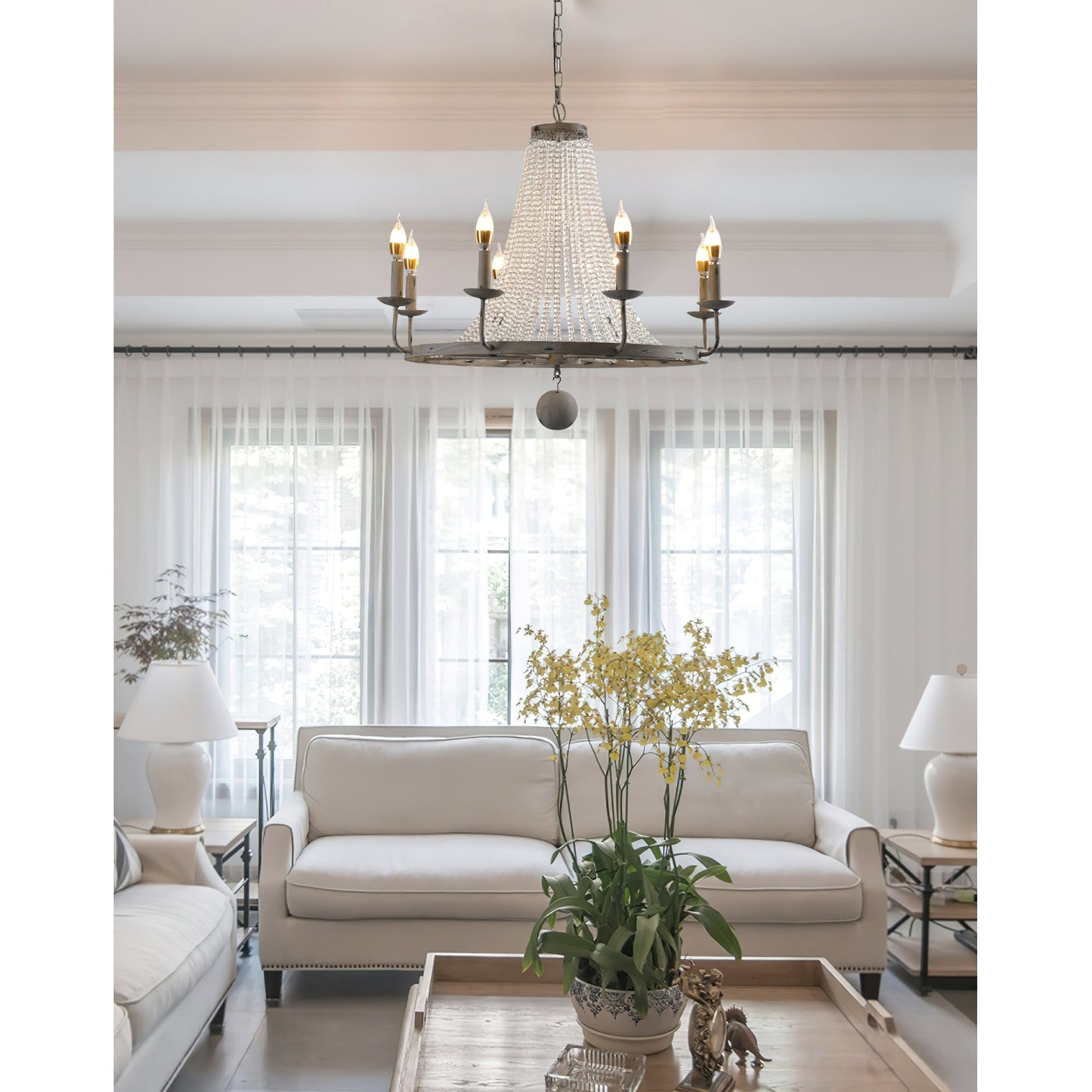 Naples Chandelier - Distressed Candelabra & Crystal Bead Light