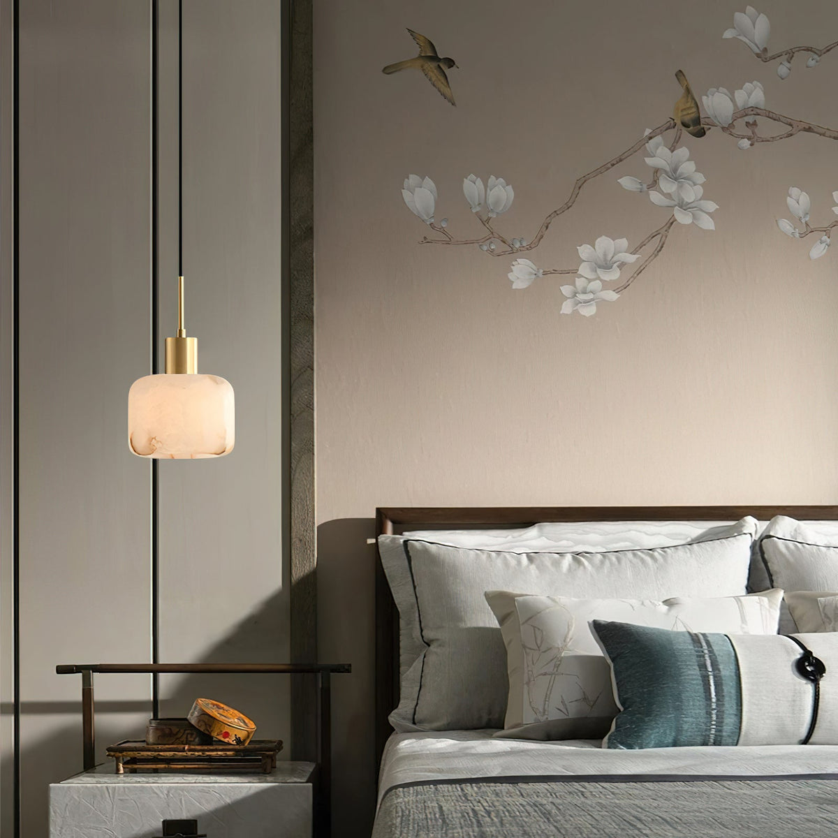 Natural Alabaster Small Pendant Light - Solid Brass & Hand-Carved Stone Pendant