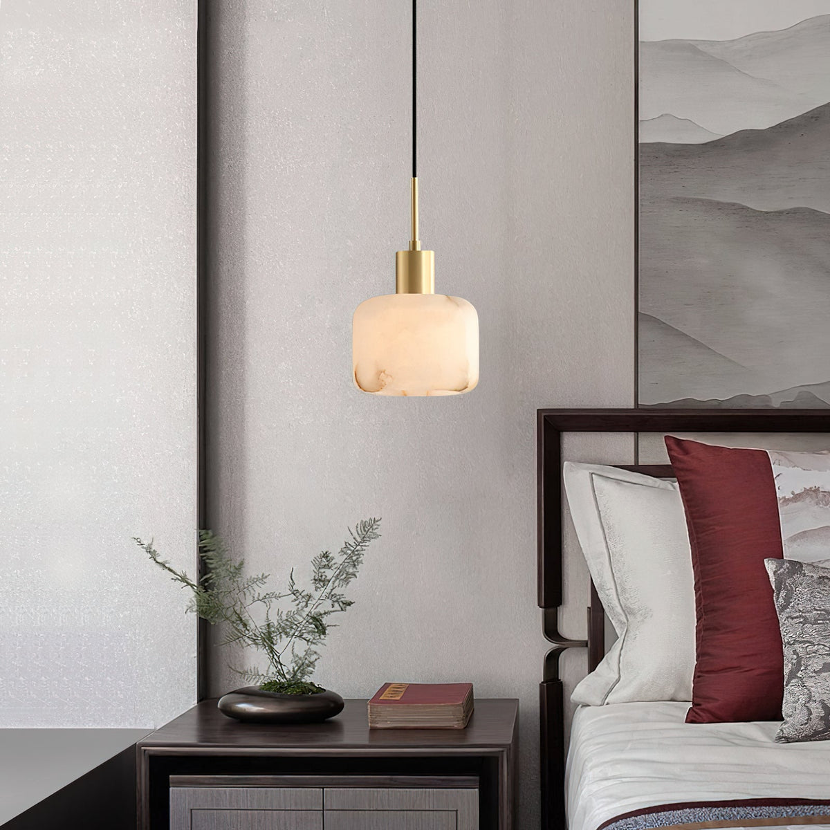 Natural Alabaster Small Pendant Light - Solid Brass & Hand-Carved Stone Pendant