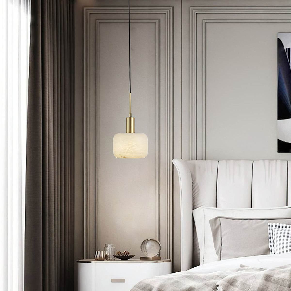 Natural Alabaster Small Pendant Light - Solid Brass & Hand-Carved Stone Pendant