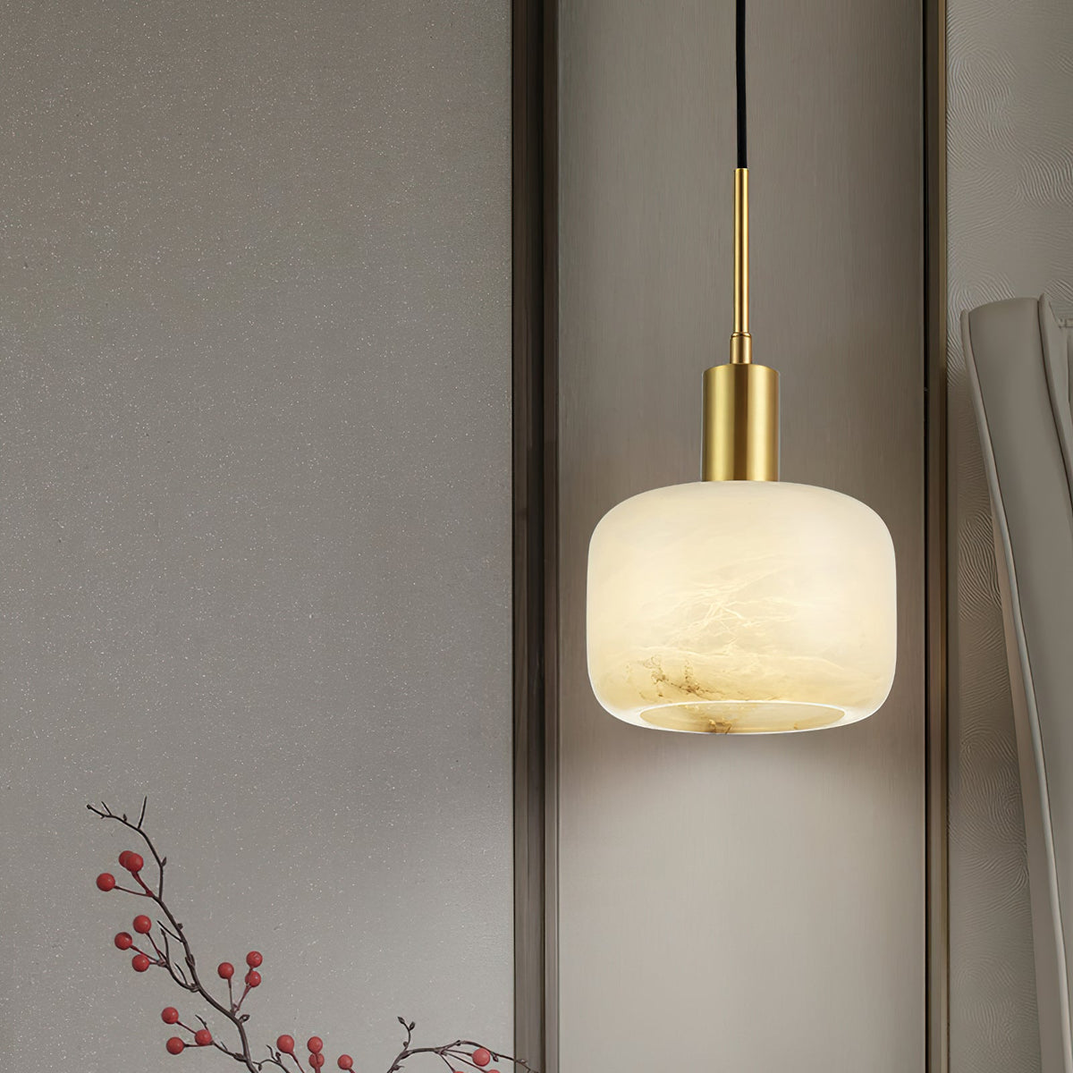 Natural Alabaster Small Pendant Light - Solid Brass & Hand-Carved Stone Pendant