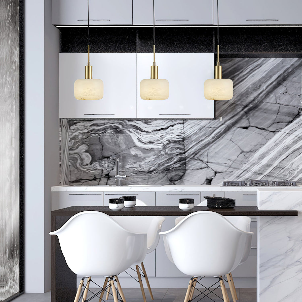 Natural Alabaster Small Pendant Light - Solid Brass & Hand-Carved Stone Pendant