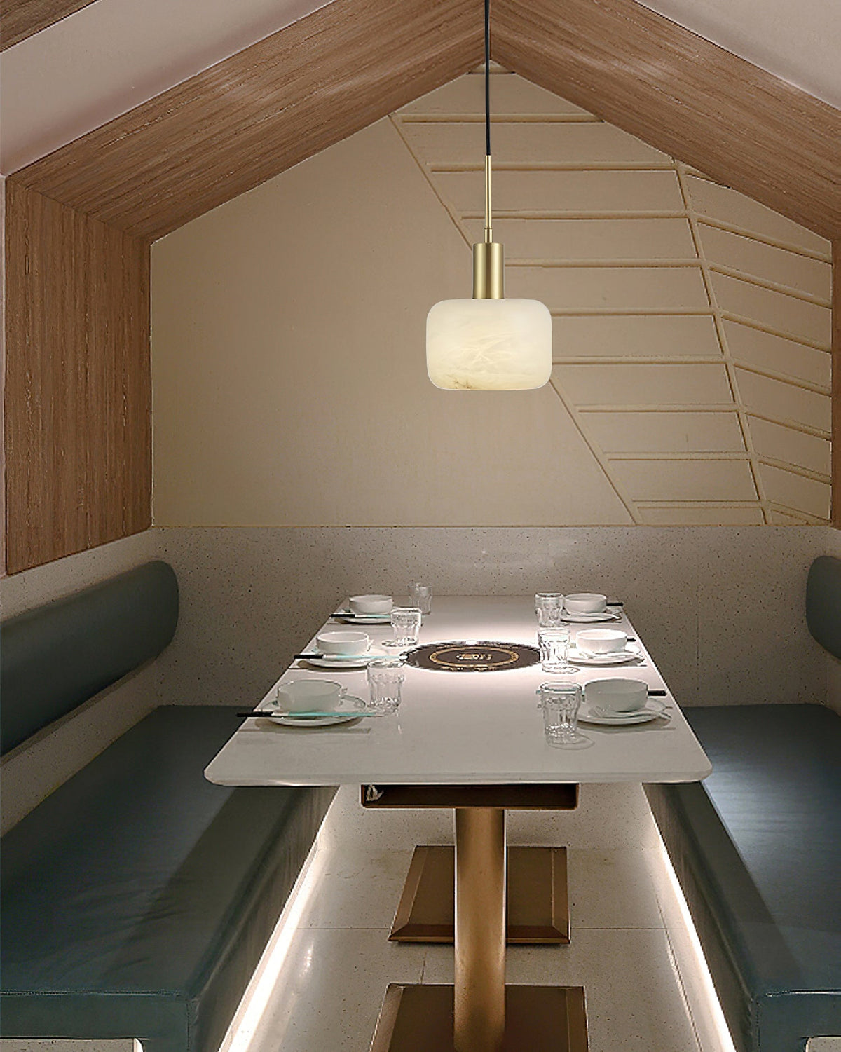 Natural Alabaster Small Pendant Light - Solid Brass & Hand-Carved Stone Pendant