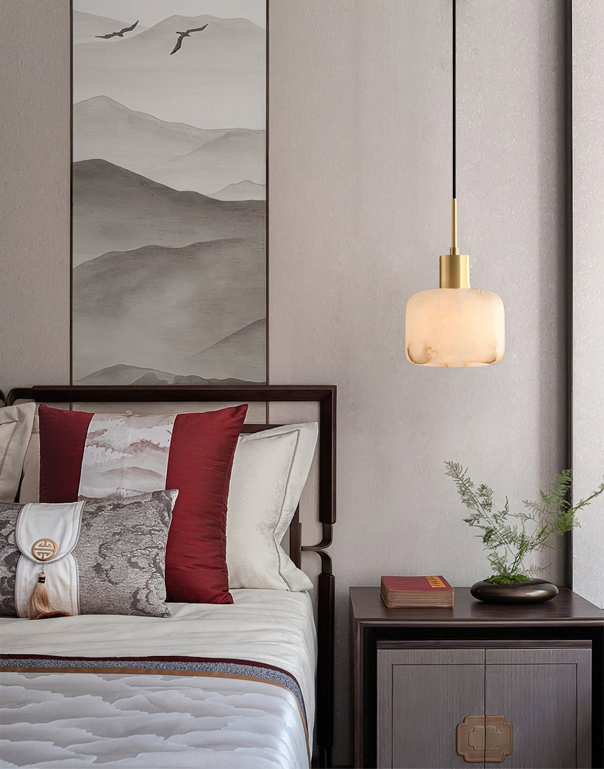 Natural Alabaster Small Pendant Light - Solid Brass & Hand-Carved Stone Pendant