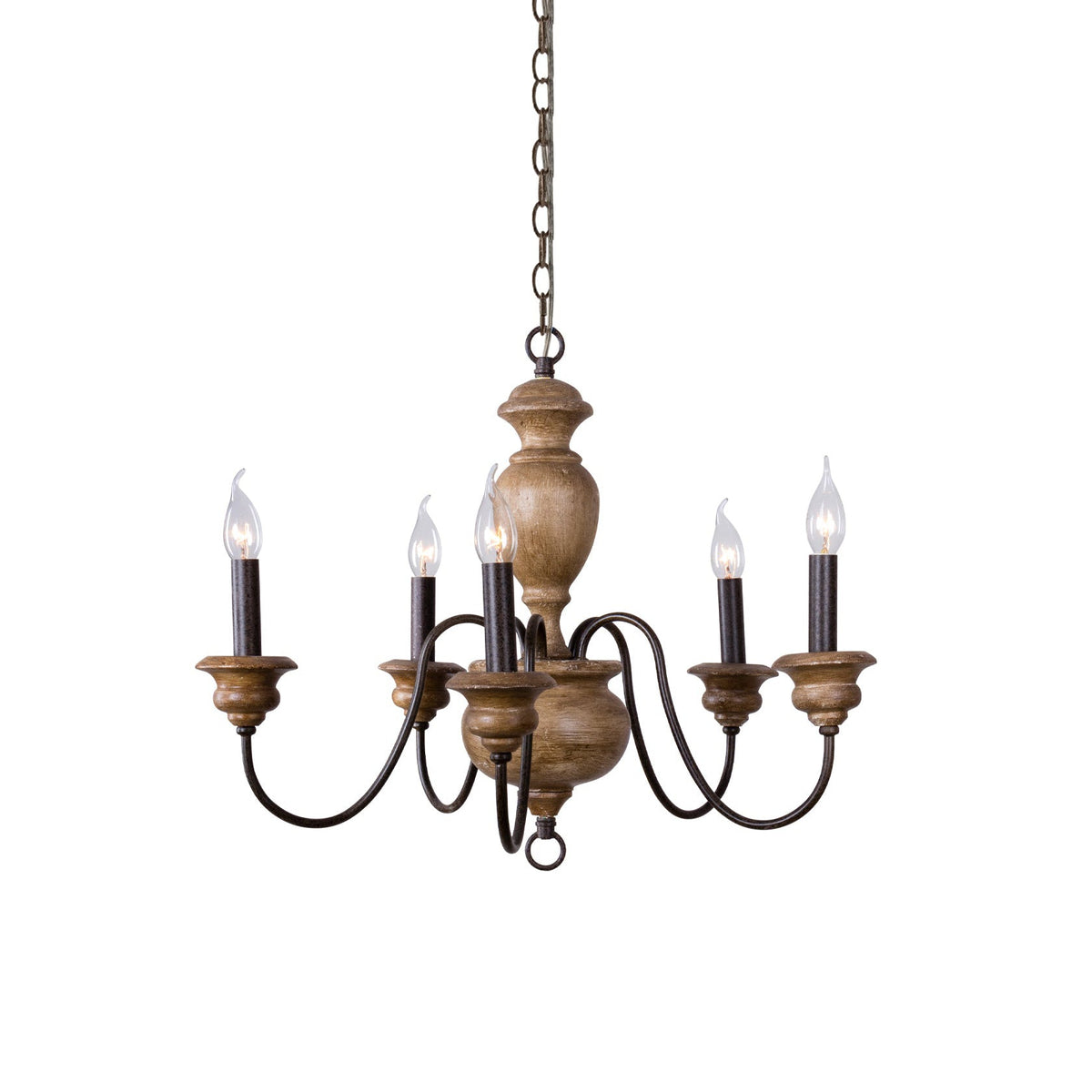 Neddy Wood Chandelier - Art Deco Solid Wood & Wrought Iron 5-Light Pendant