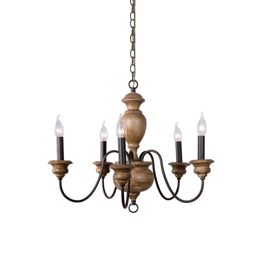 Neddy Wood Chandelier - Art Deco Solid Wood & Wrought Iron 5-Light Pendant