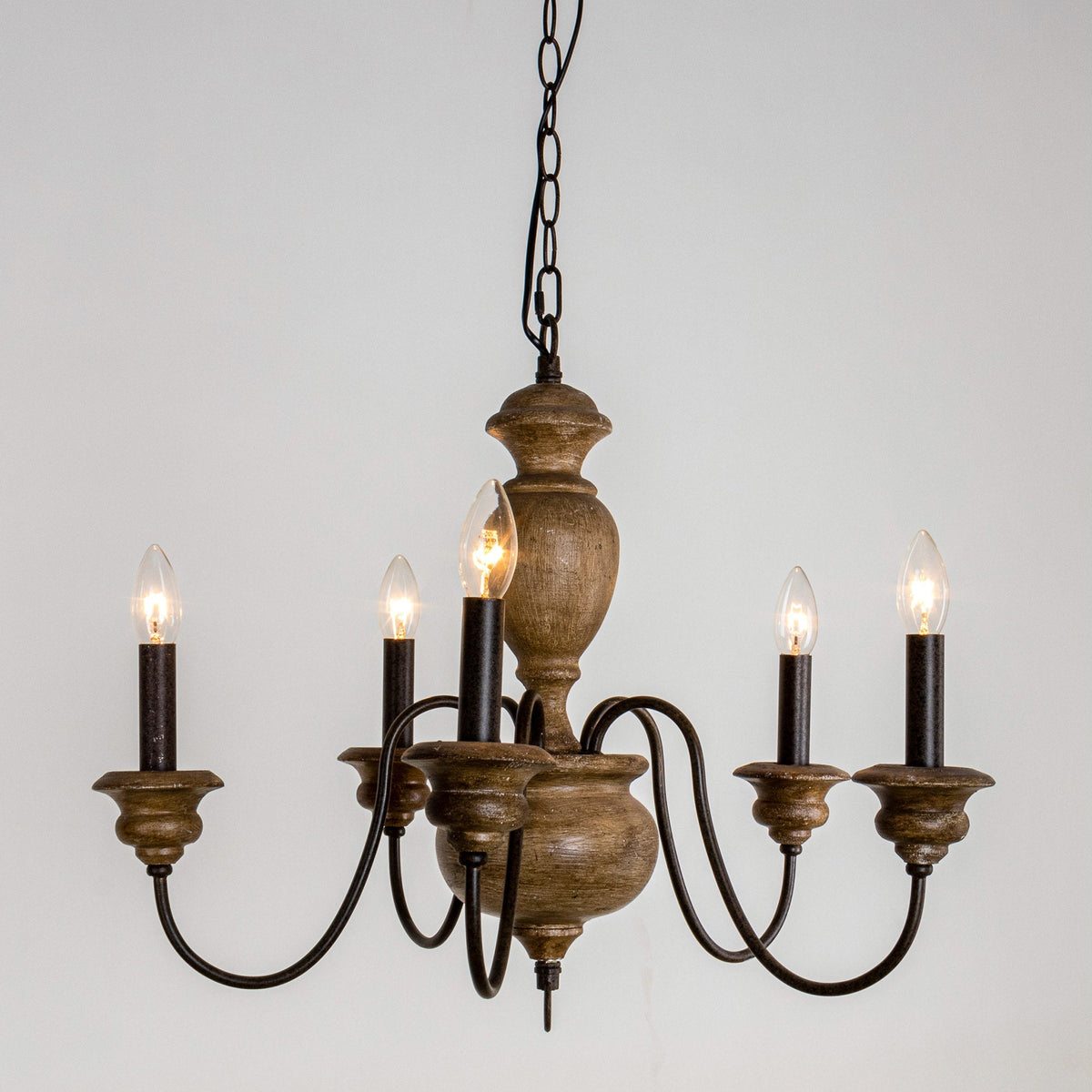 Neddy Wood Chandelier - Art Deco Solid Wood & Wrought Iron 5-Light Pendant