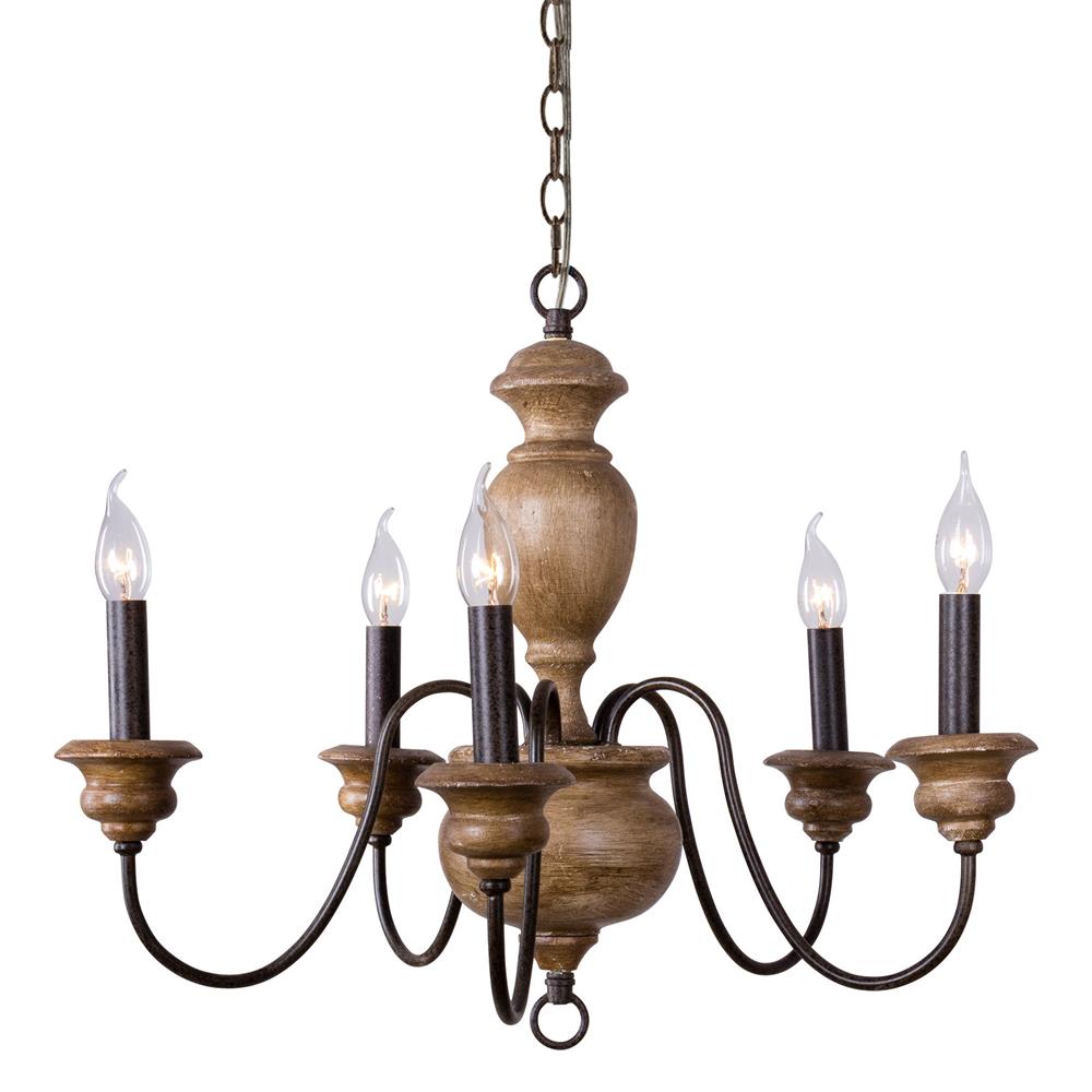 Neddy Wood Chandelier - Art Deco Solid Wood & Wrought Iron 5-Light Pendant