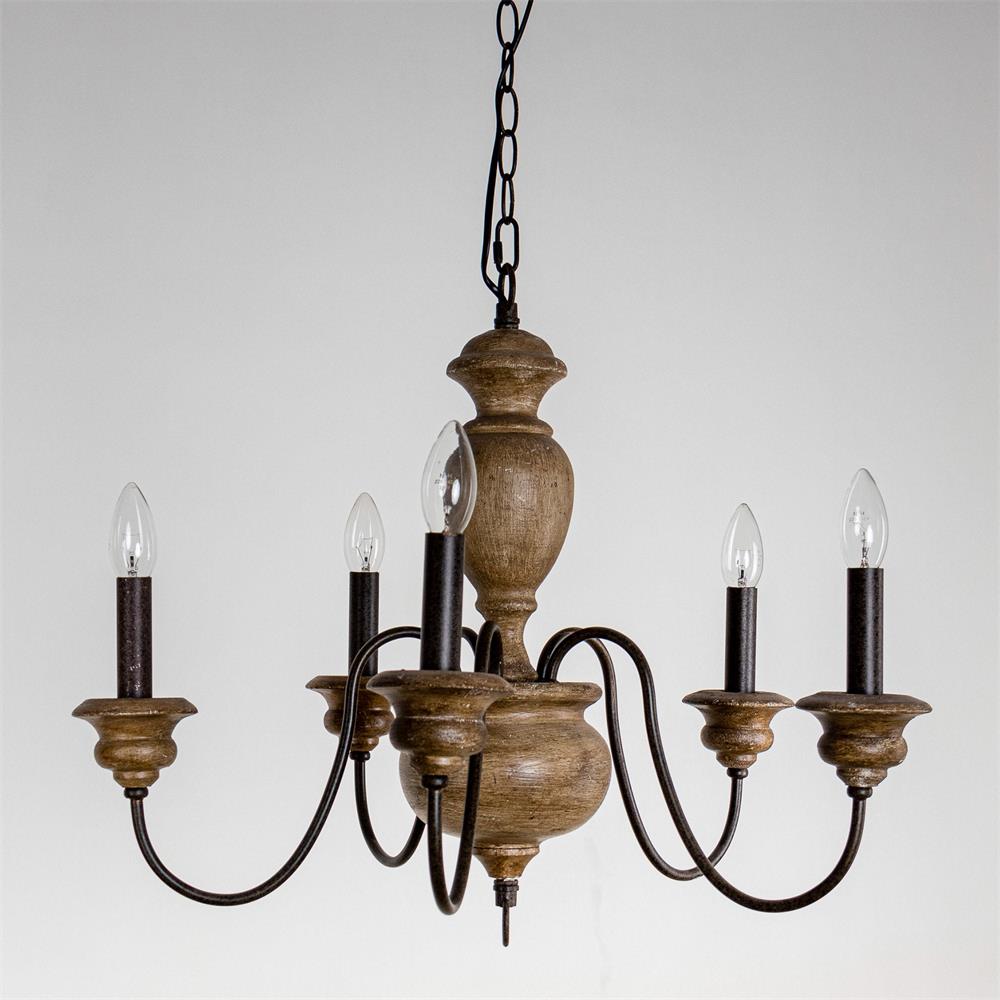 Neddy Wood Chandelier - Art Deco Solid Wood & Wrought Iron 5-Light Pendant
