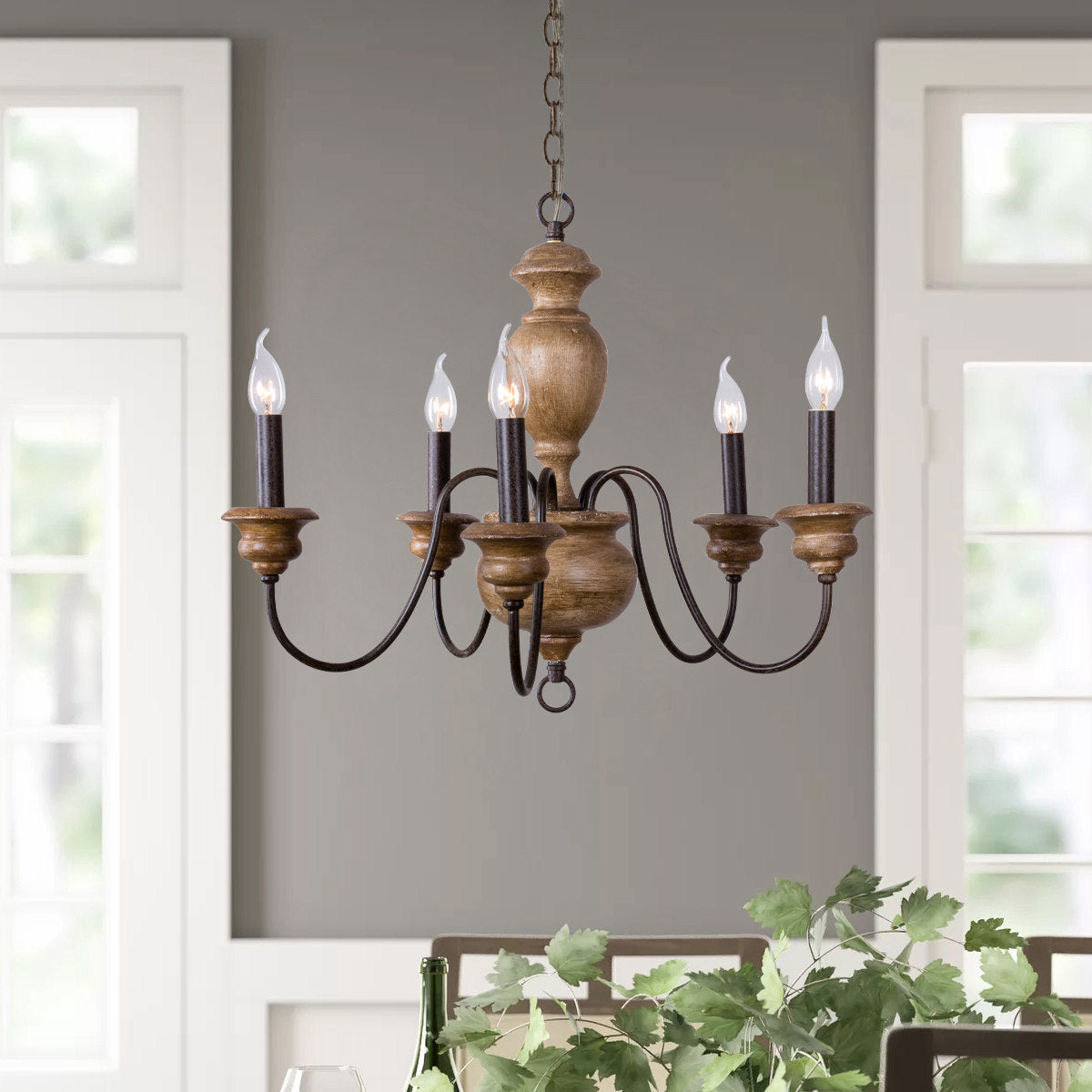 Neddy Wood Chandelier - Art Deco Solid Wood & Wrought Iron 5-Light Pendant