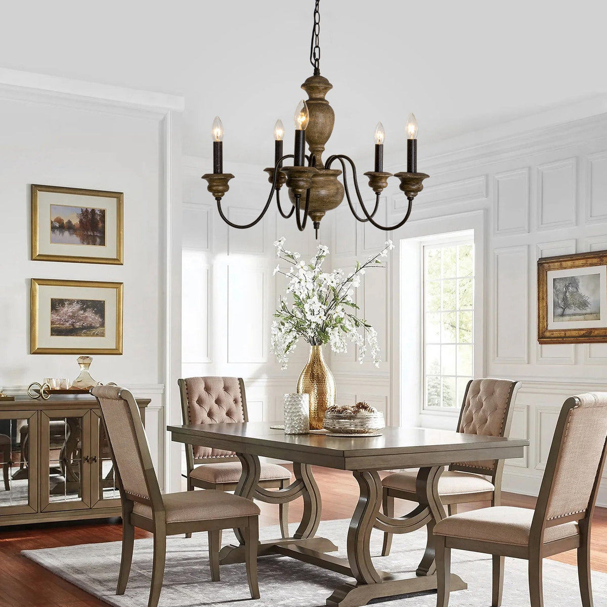 Neddy Wood Chandelier - Art Deco Solid Wood & Wrought Iron 5-Light Pendant