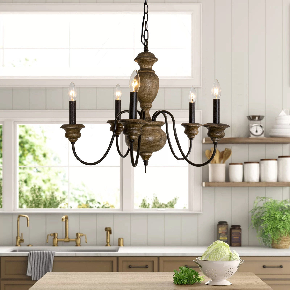 Neddy Wood Chandelier - Art Deco Solid Wood & Wrought Iron 5-Light Pendant