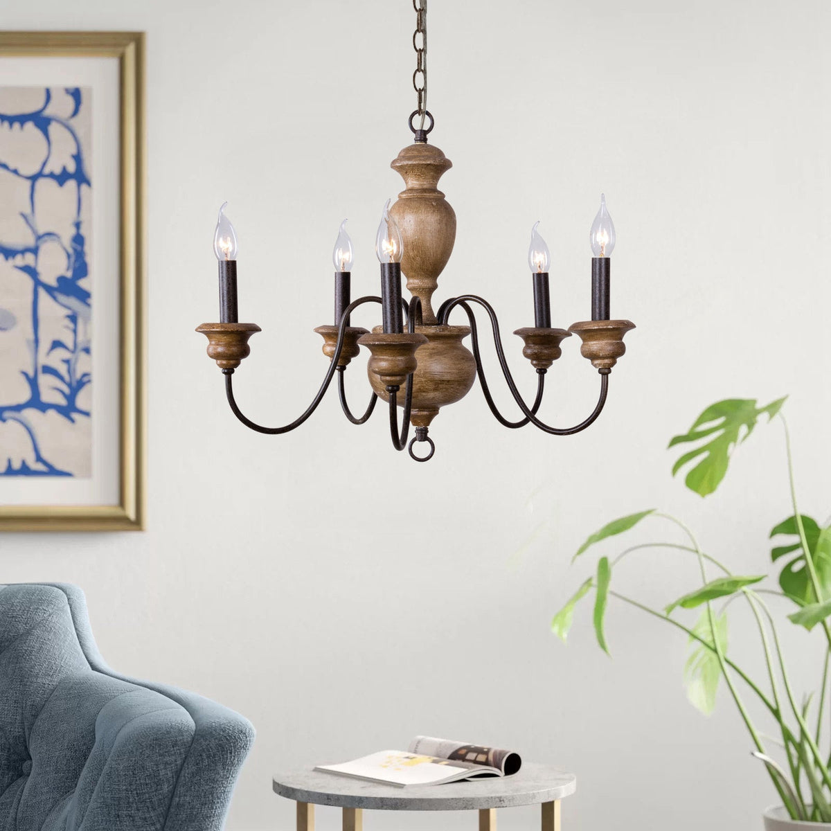 Neddy Wood Chandelier - Art Deco Solid Wood & Wrought Iron 5-Light Pendant