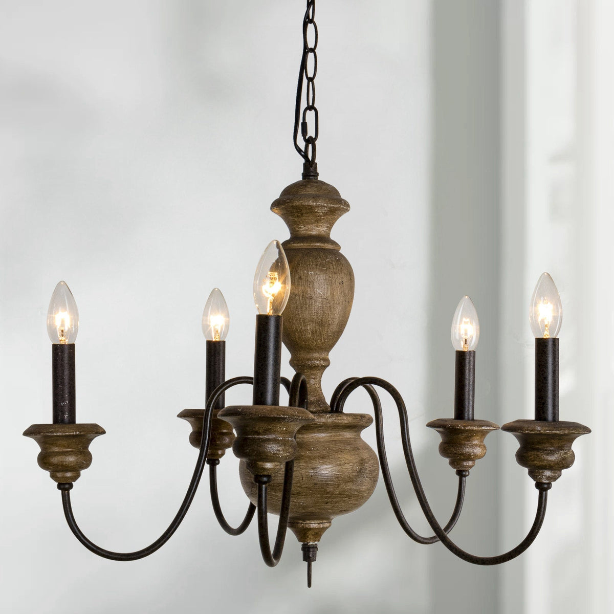 Neddy Wood Chandelier - Art Deco Solid Wood & Wrought Iron 5-Light Pendant