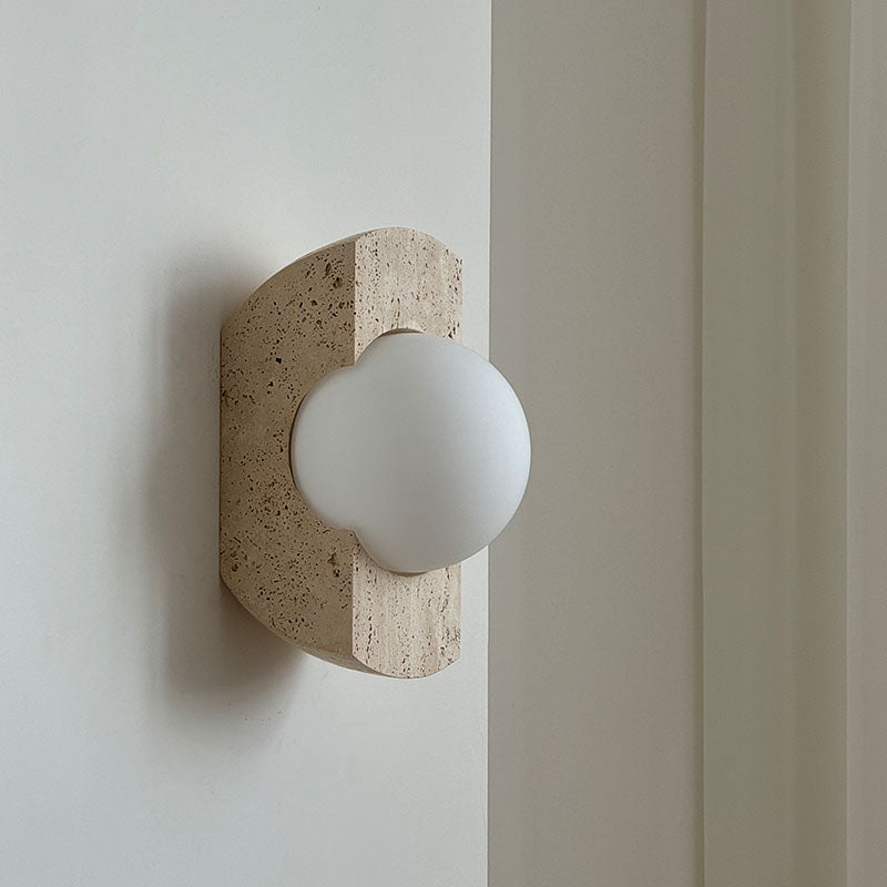 Neptune Travertine Wall Lamp - Natural Porous Stone & Opal Glass Globe Sconce