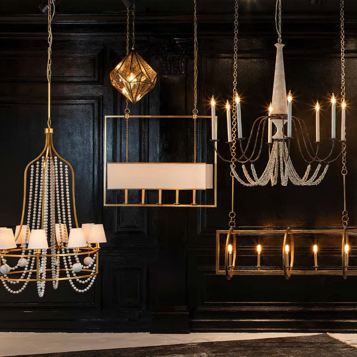 Neville Chandelier - 8-Light Copper Framework & Distressed Wood Bead Light