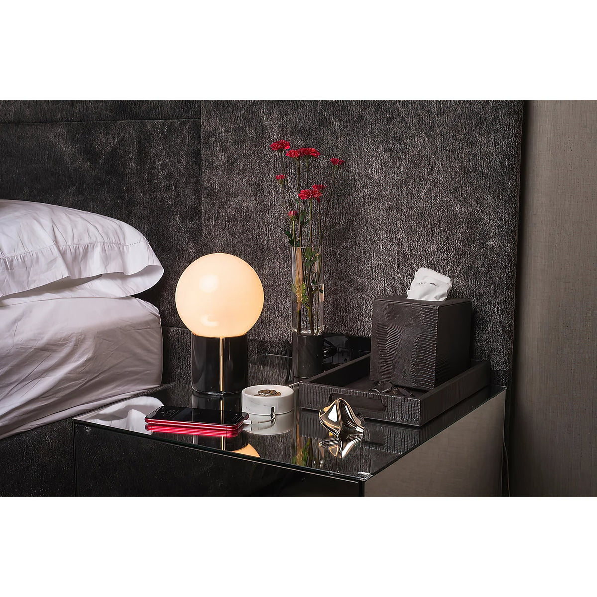Nocte Table Lamp - Solid Carved Marble & Opal Glass Globe Light