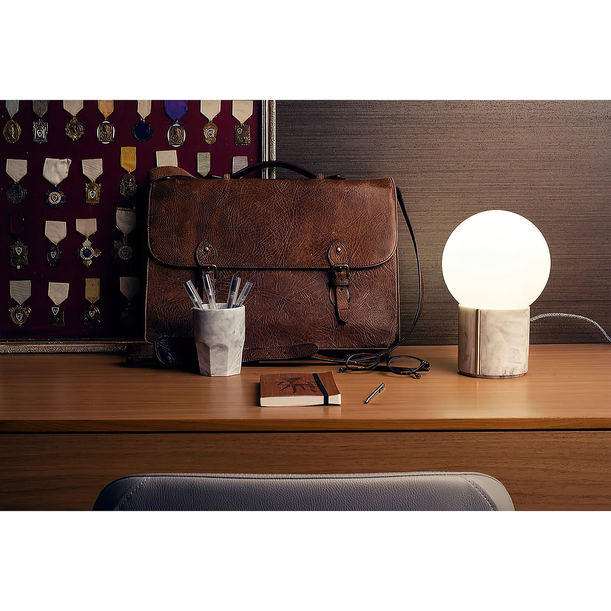 Nocte Table Lamp - Solid Carved Marble & Opal Glass Globe Light