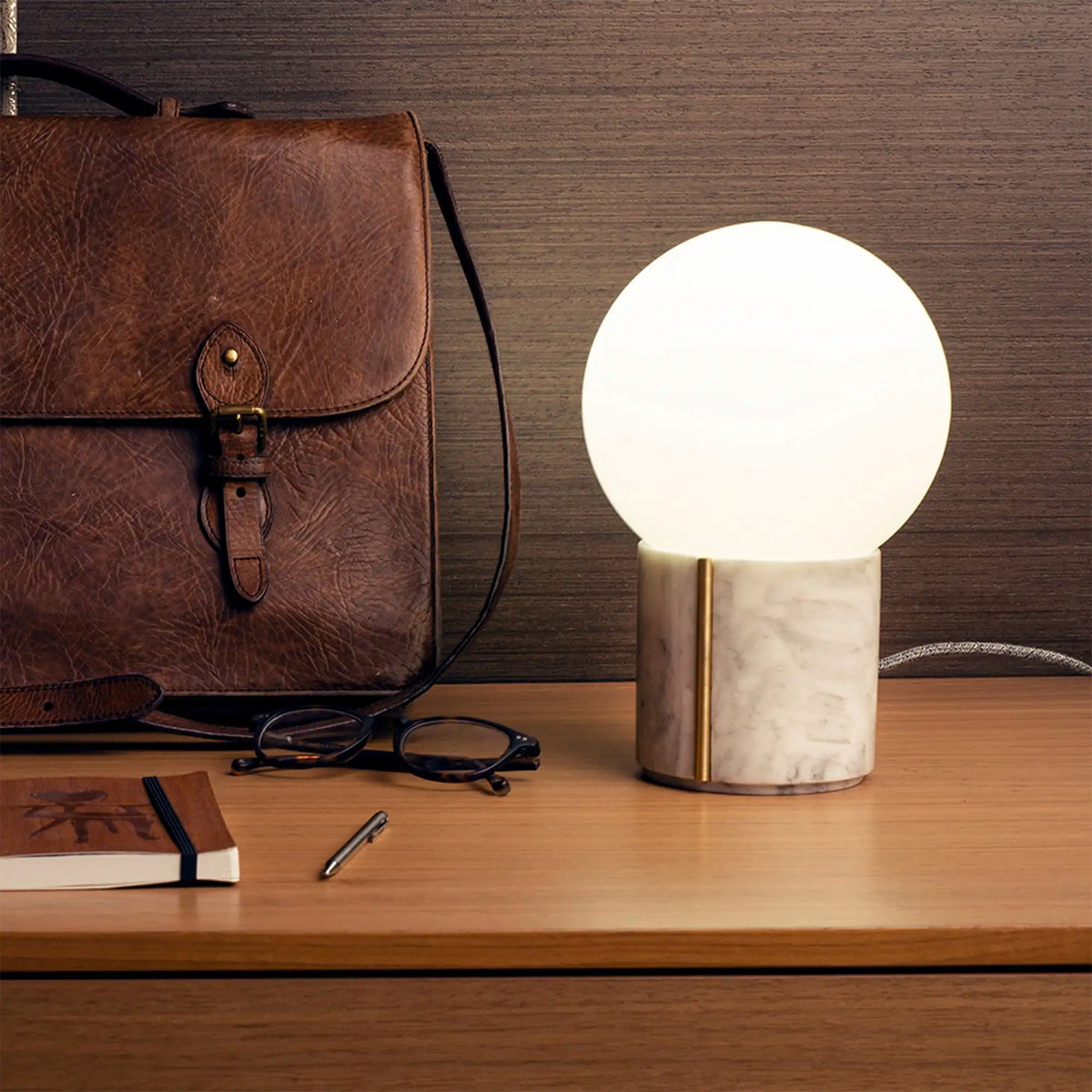 Nocte Table Lamp - Solid Carved Marble & Opal Glass Globe Light