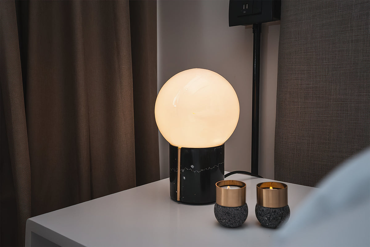 Nocte Table Lamp - Solid Carved Marble & Opal Glass Globe Light