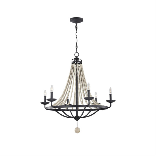 Tyzer Empire Chandelier - Rustic Black Iron & Old White Wood Bead Pendant Light | French Country Empire Chandelier