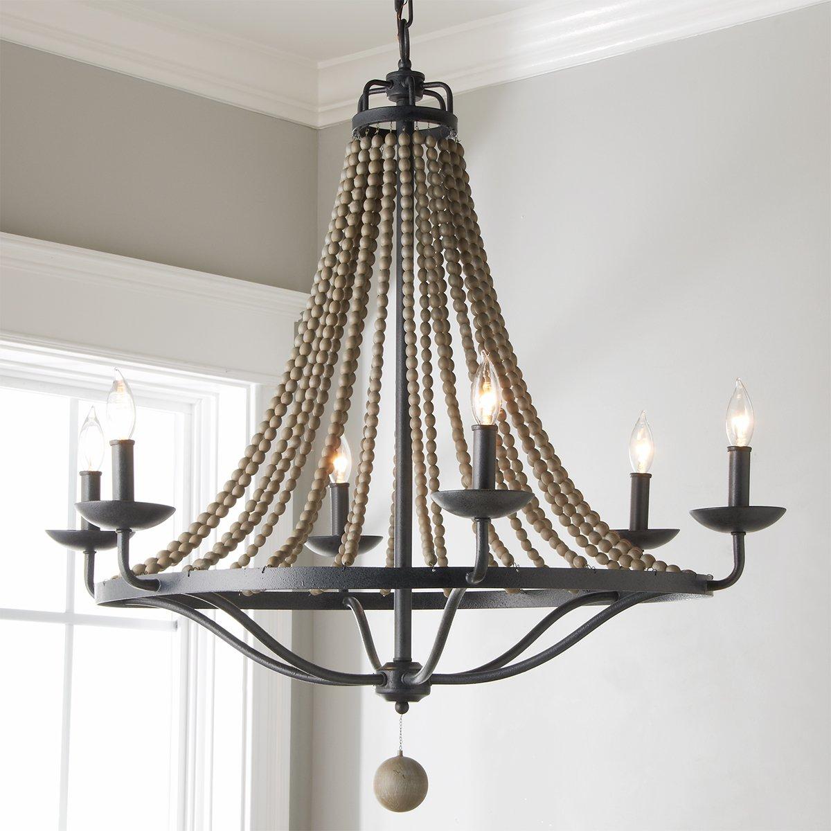 Tyzer Empire Chandelier - Rustic Black Iron & Old White Wood Bead Pendant Light | French Country Empire Chandelier