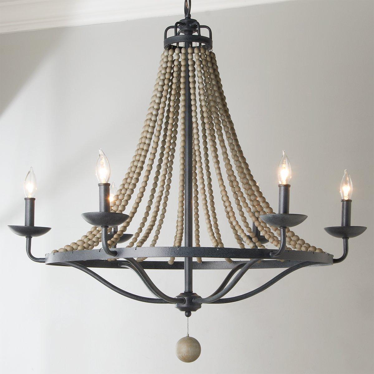 Tyzer Empire Chandelier - Rustic Black Iron & Old White Wood Bead Pendant Light | French Country Empire Chandelier