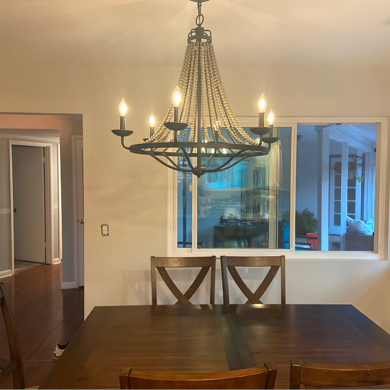 Tyzer Empire Chandelier - Rustic Black Iron & Old White Wood Bead Pendant Light | French Country Empire Chandelier