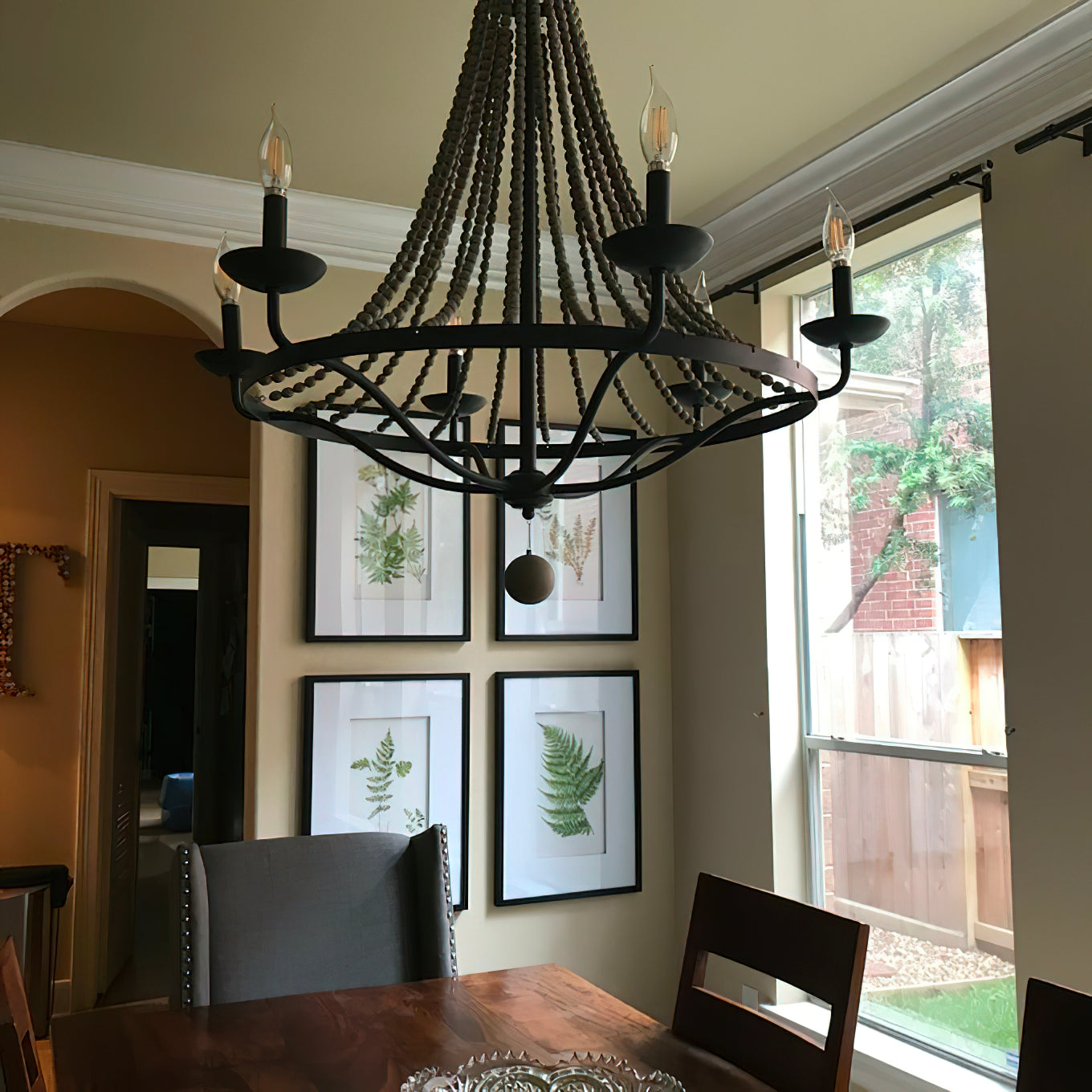 Tyzer Empire Chandelier - Rustic Black Iron & Old White Wood Bead Pendant Light | French Country Empire Chandelier
