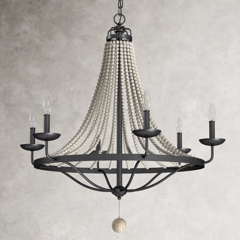 Tyzer Empire Chandelier - Rustic Black Iron & Old White Wood Bead Pendant Light | French Country Empire Chandelier