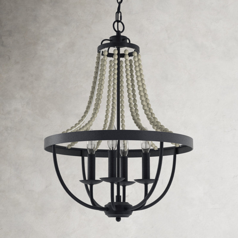 Tyzer Empire Chandelier - Rustic Black Iron & Old White Wood Bead Pendant Light | French Country Empire Chandelier