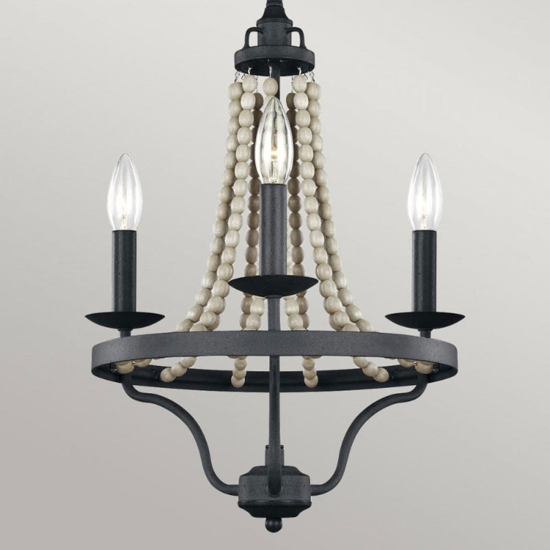 Tyzer Empire Chandelier - Rustic Black Iron & Old White Wood Bead Pendant Light | French Country Empire Chandelier