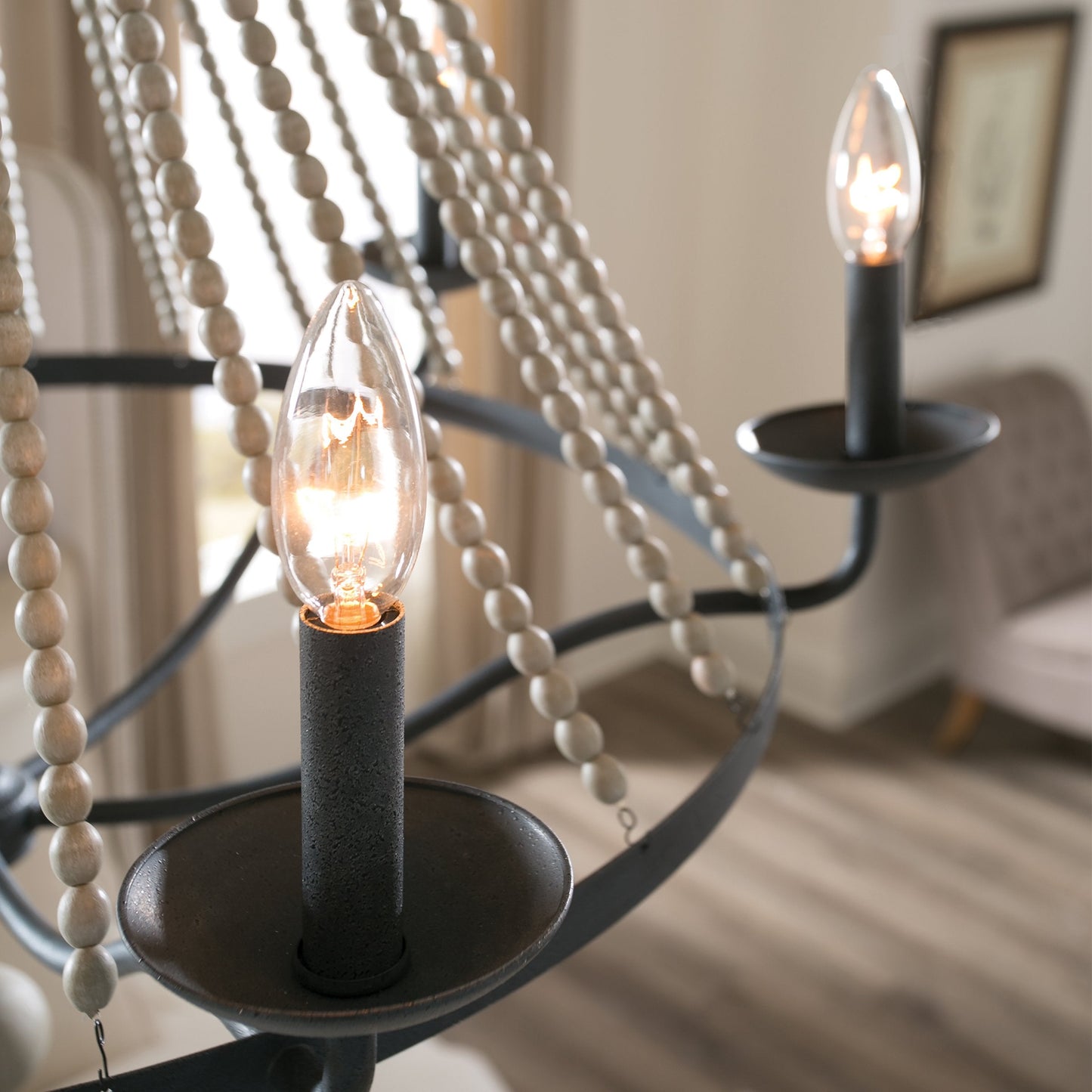 Tyzer Empire Chandelier - Rustic Black Iron & Old White Wood Bead Pendant Light | French Country Empire Chandelier