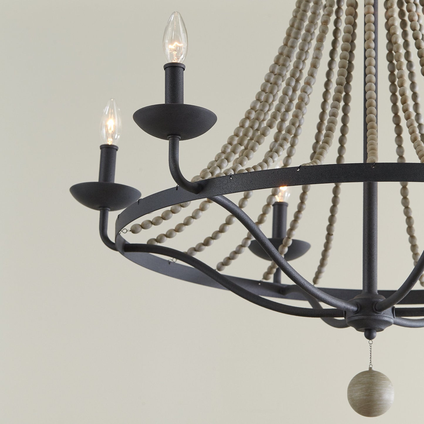 Tyzer Empire Chandelier - Rustic Black Iron & Old White Wood Bead Pendant Light | French Country Empire Chandelier