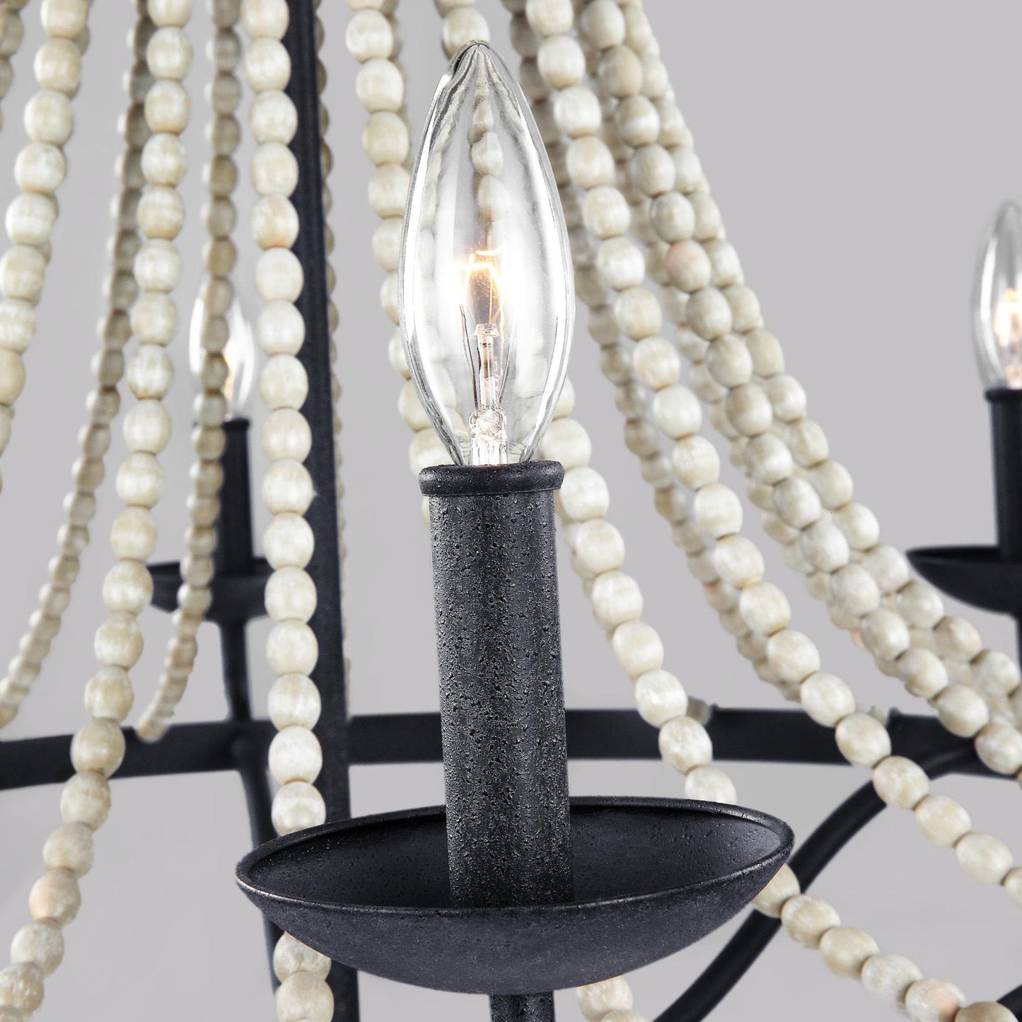 Tyzer Empire Chandelier - Rustic Black Iron & Old White Wood Bead Pendant Light | French Country Empire Chandelier