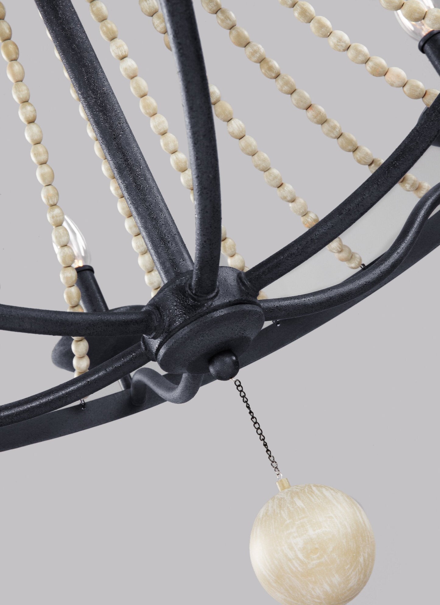 Tyzer Empire Chandelier - Rustic Black Iron & Old White Wood Bead Pendant Light | French Country Empire Chandelier