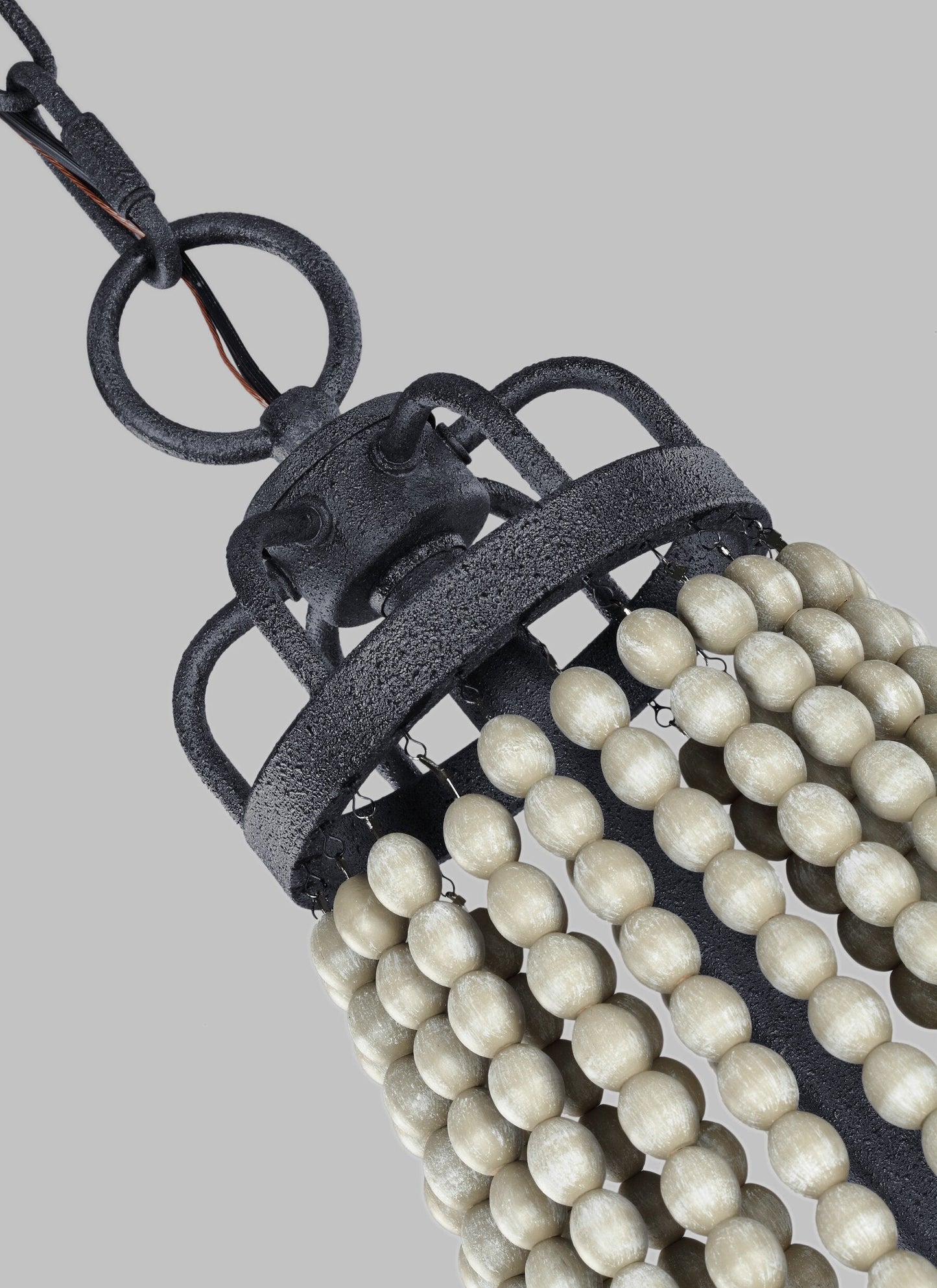 Tyzer Empire Chandelier - Rustic Black Iron & Old White Wood Bead Pendant Light | French Country Empire Chandelier