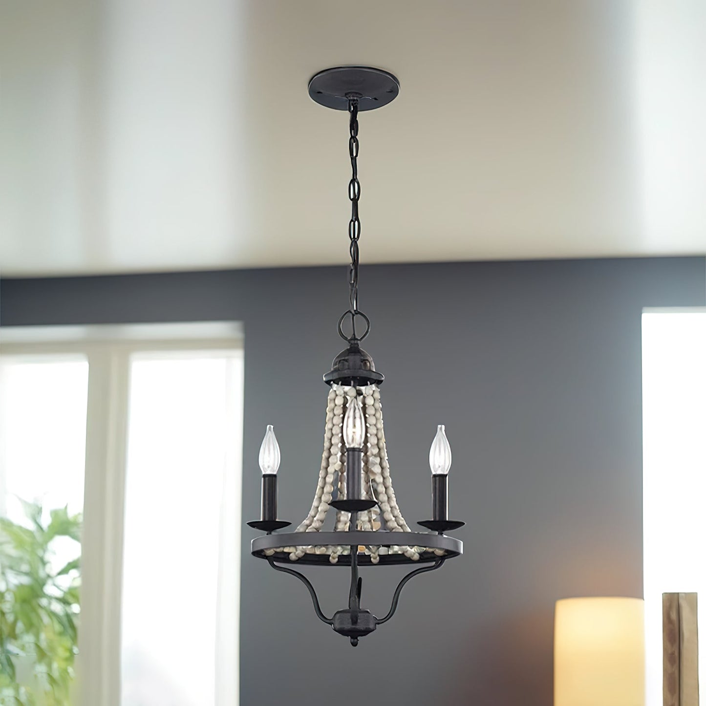 Tyzer Empire Chandelier - Rustic Black Iron & Old White Wood Bead Pendant Light | French Country Empire Chandelier
