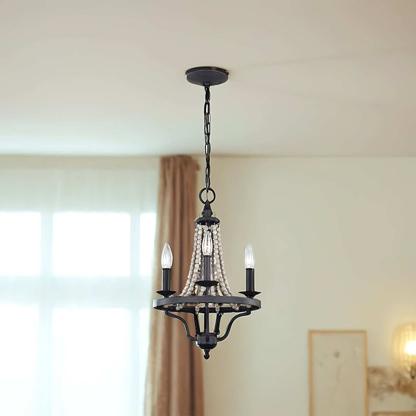 Tyzer Empire Chandelier - Rustic Black Iron & Old White Wood Bead Pendant Light | French Country Empire Chandelier