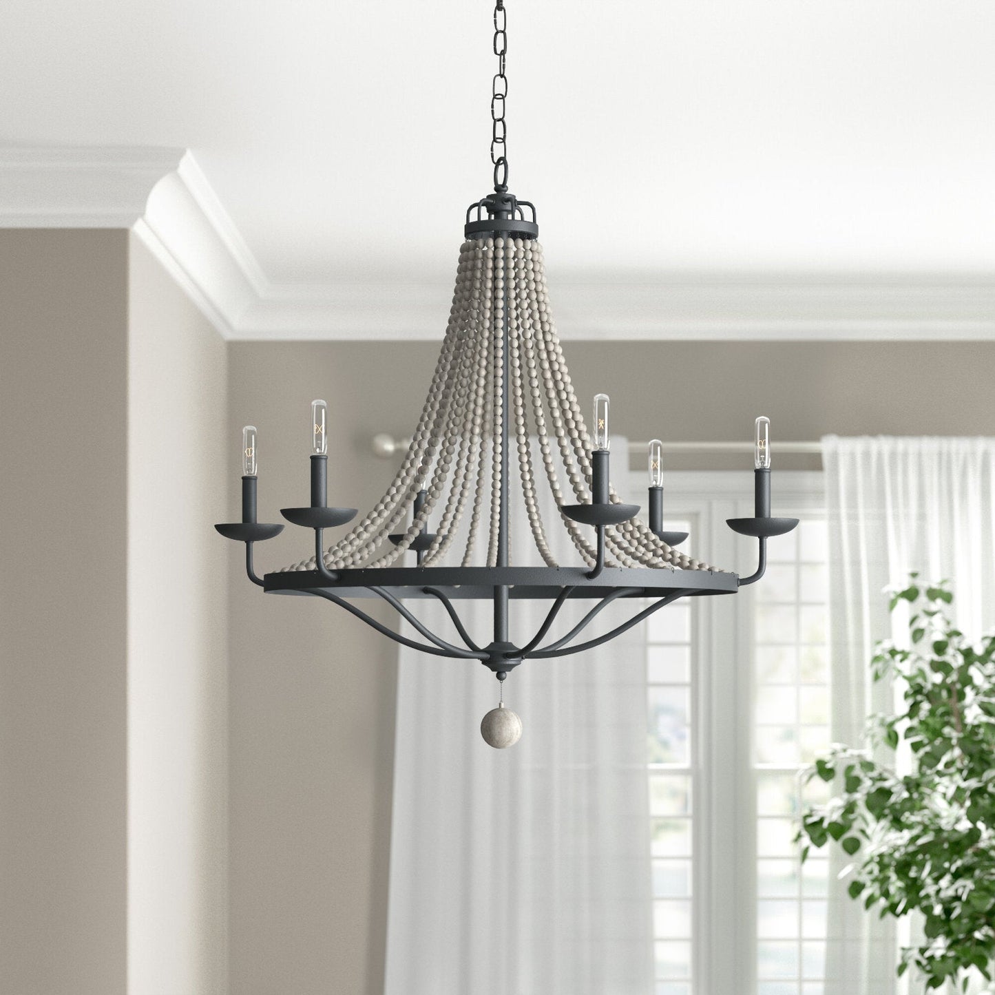 Tyzer Empire Chandelier - Rustic Black Iron & Old White Wood Bead Pendant Light | French Country Empire Chandelier