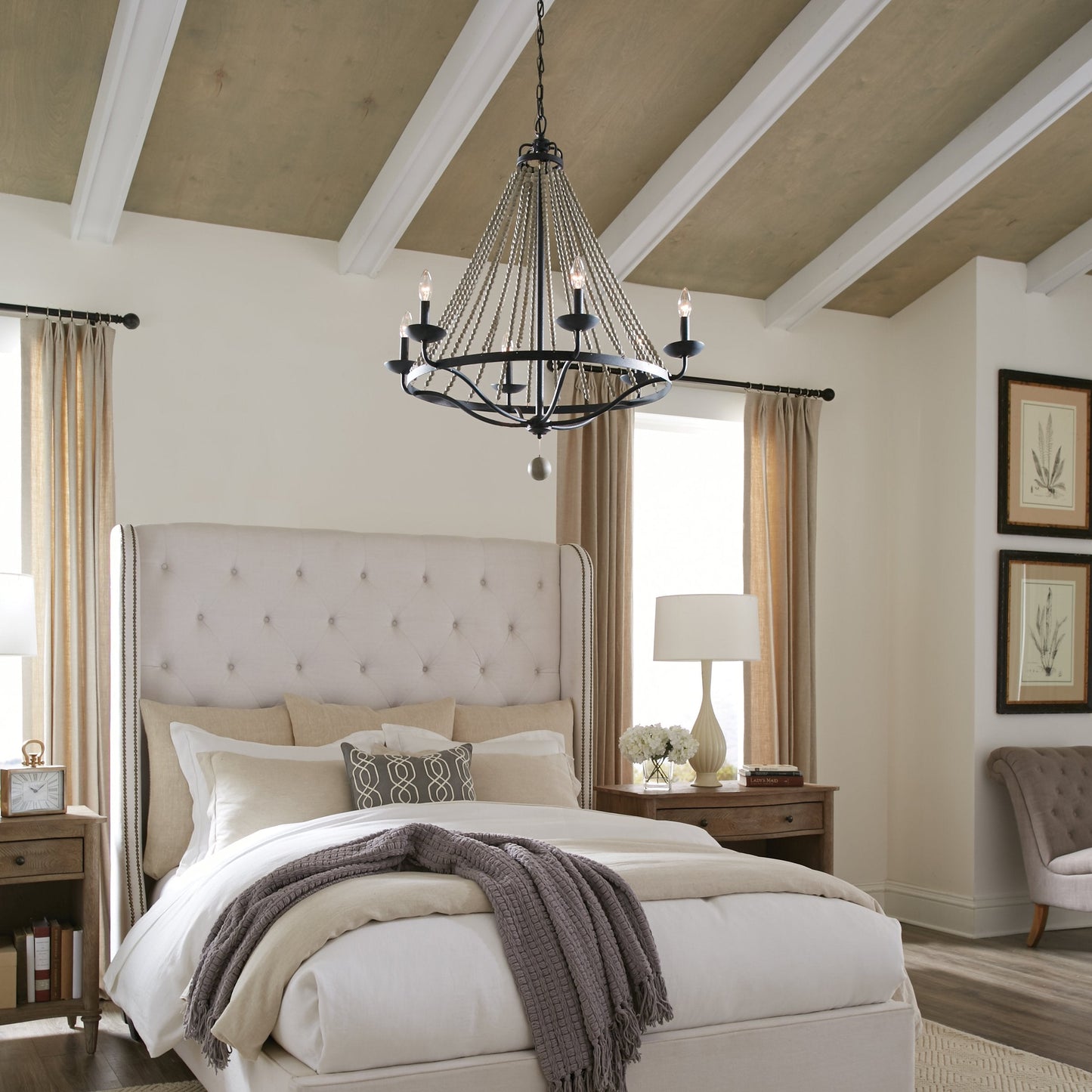 Tyzer Empire Chandelier - Rustic Black Iron & Old White Wood Bead Pendant Light | French Country Empire Chandelier