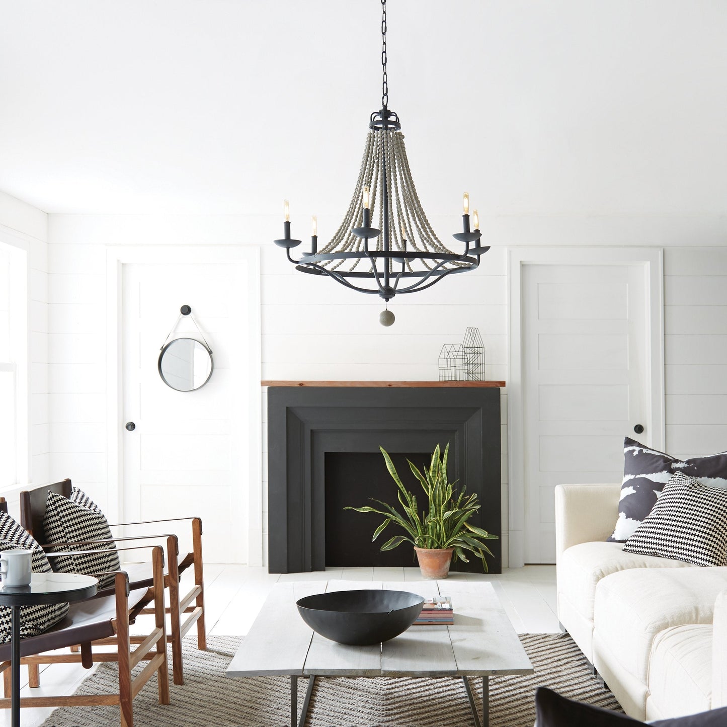 Tyzer Empire Chandelier - Rustic Black Iron & Old White Wood Bead Pendant Light | French Country Empire Chandelier