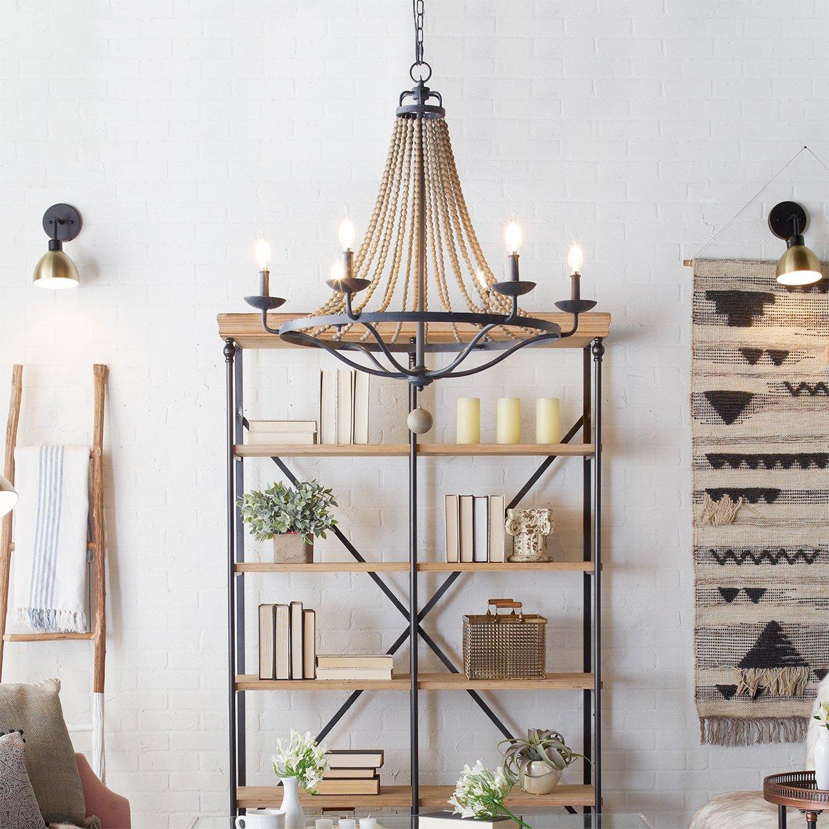 Tyzer Empire Chandelier - Rustic Black Iron & Old White Wood Bead Pendant Light | French Country Empire Chandelier