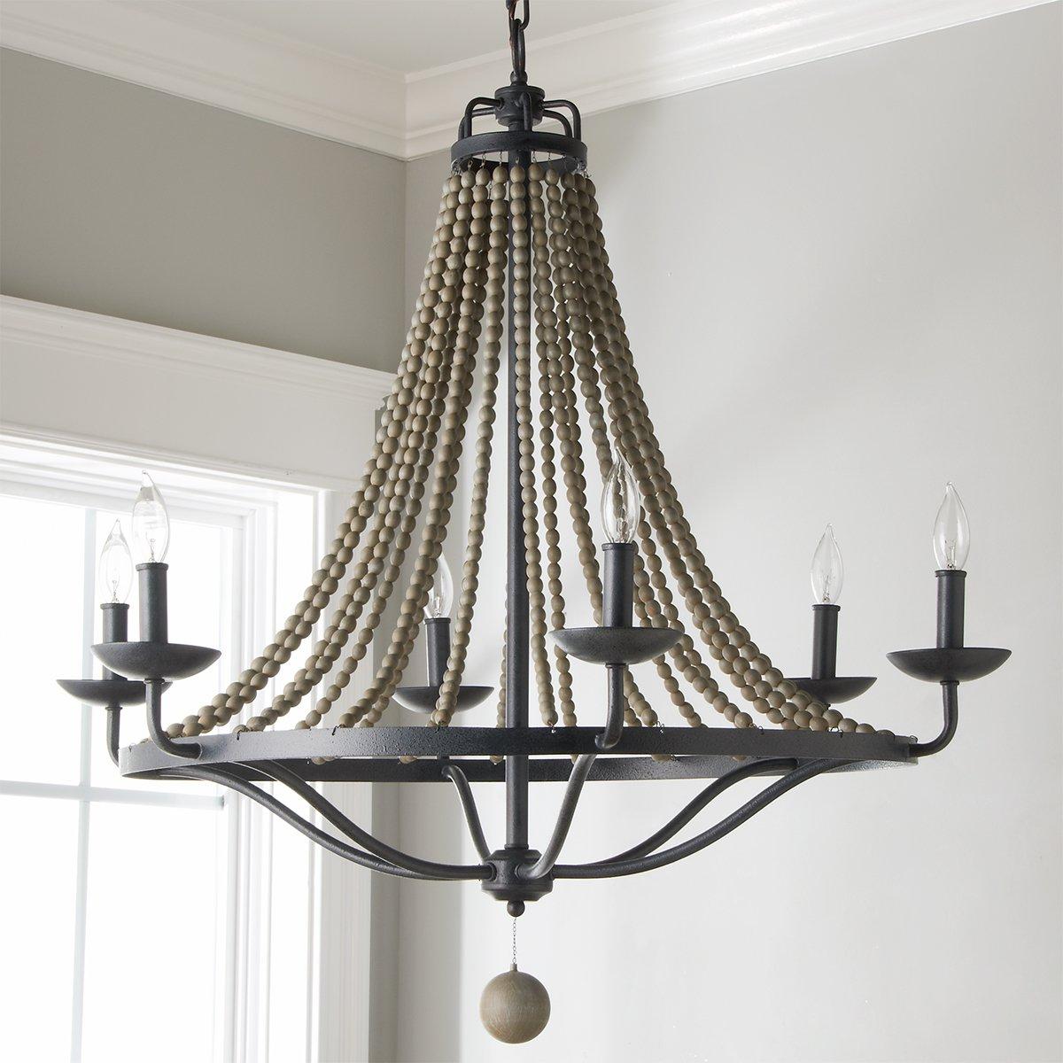 Tyzer Empire Chandelier - Rustic Black Iron & Old White Wood Bead Pendant Light | French Country Empire Chandelier